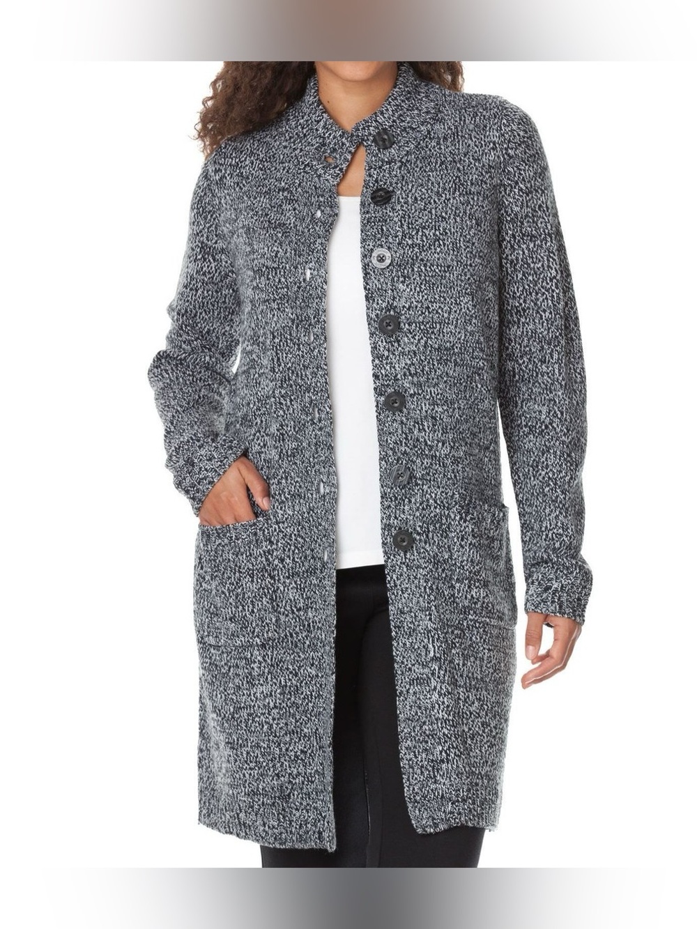 Woman Within Plus Size Black White Marled Sweater Cardigan Button Front 14/16 M